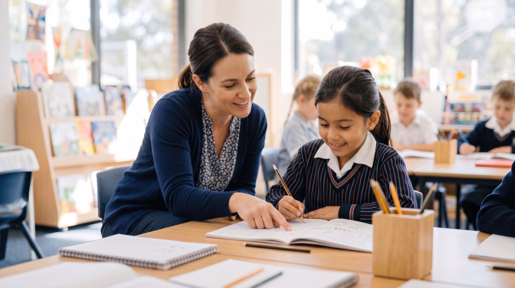 teacher sat helping a student with her work